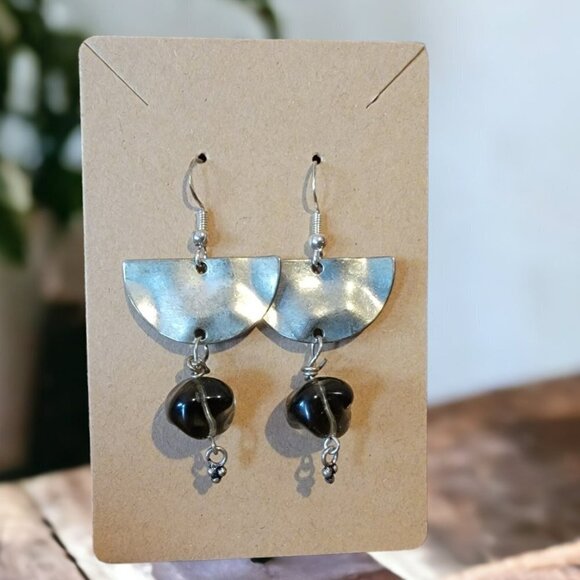 Silver with Clear Black Beaded Earrings - NEW - Picture 2 of 2